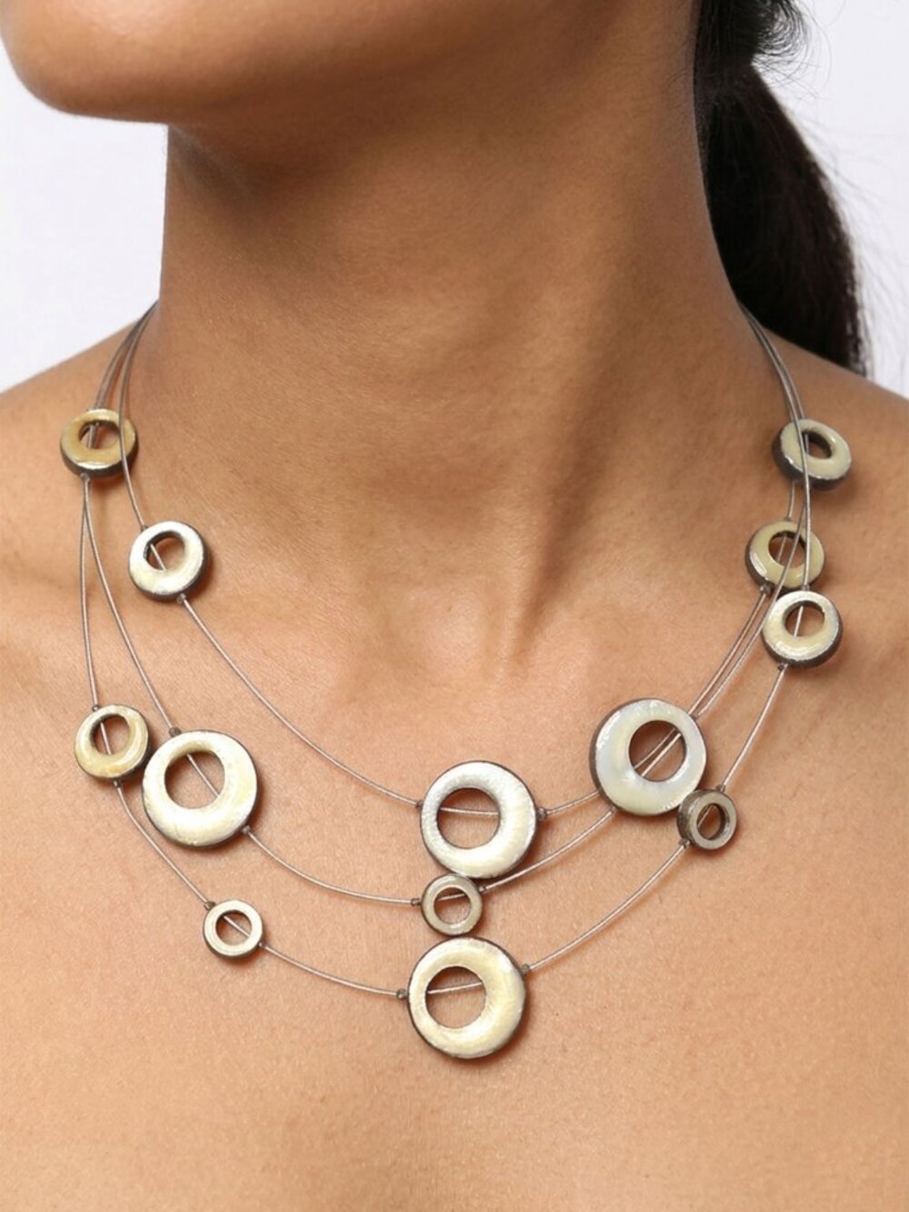 Modern Multi Strand Silver Wire Layered Necklace Cream Shell Effect O-Rings